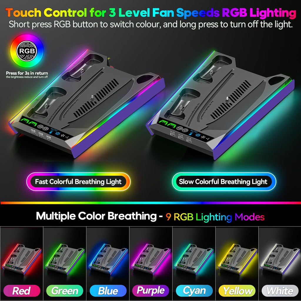 PS5/Slim/Pro Stand for Disc & Digital Console, PS5 Cooling & Charging Station with RGB Lights, PS5 Controller Charger Built-in 3 Level & AUTO Adjustable Fan, Accessories for PlayStation 4 Chargers