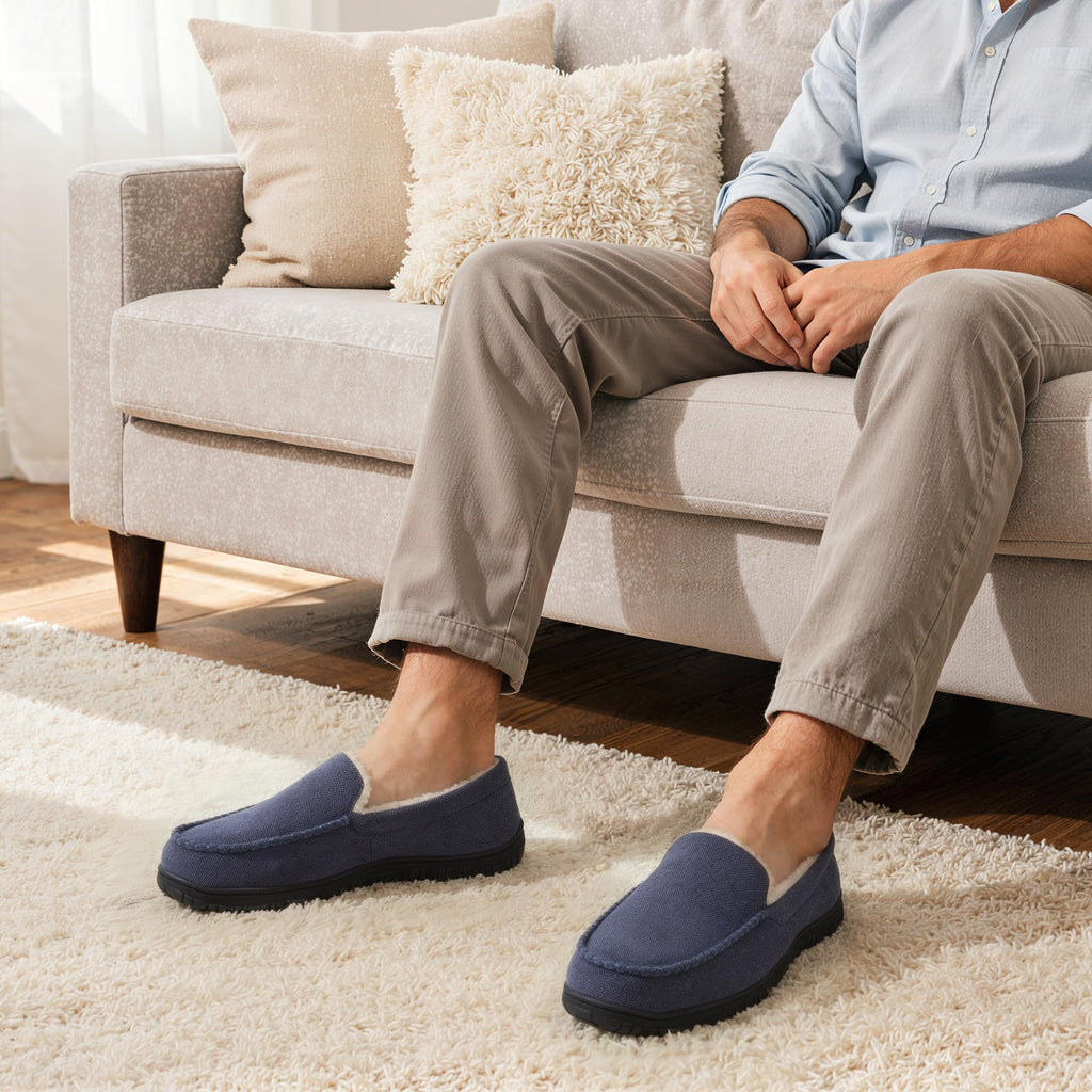 shoeslocker Men's Slippers Indoor Outdoor Warm Soft Plush Memory Foam House Slippers for Men Comfortable Bedroom Moccasin Slipper Non-Slip