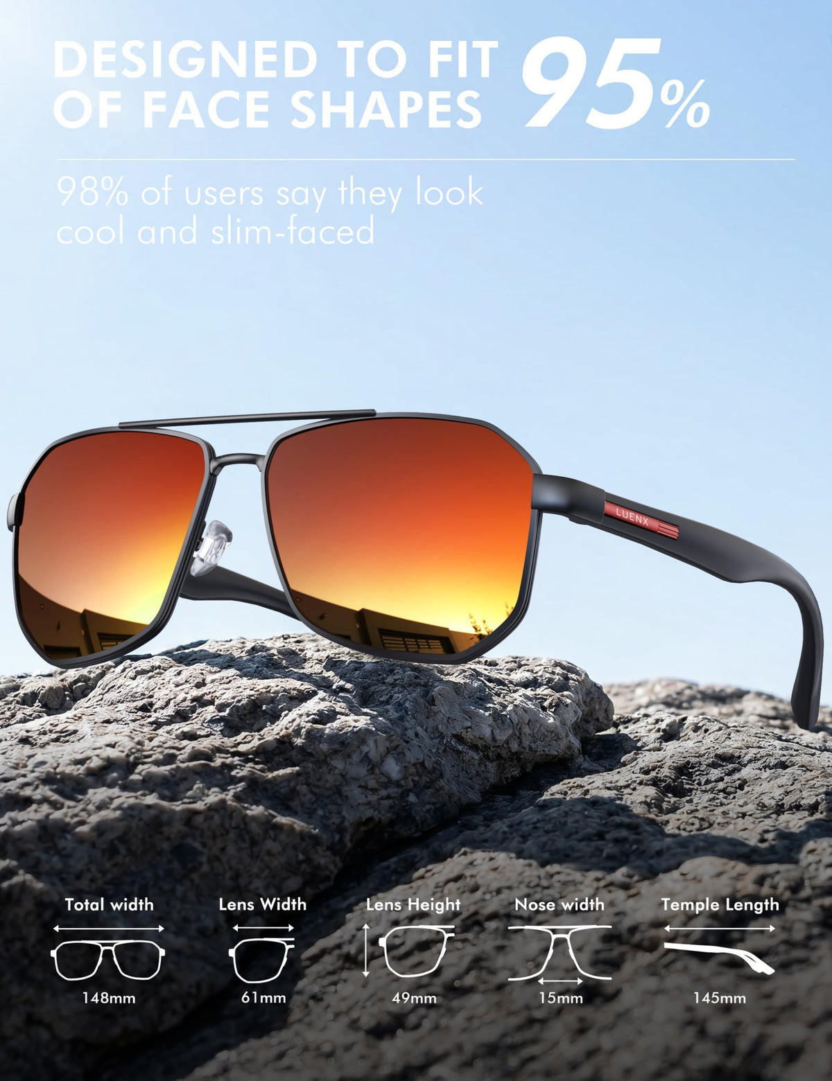 LUENX Aviator Polarized Sunglasses for Men: Square UV400 Driving