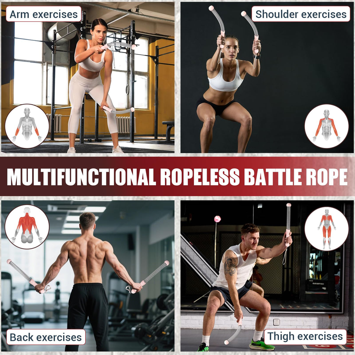 Cordless Battle Rope for Home Gym, Heavy Duty Portable with Poster
