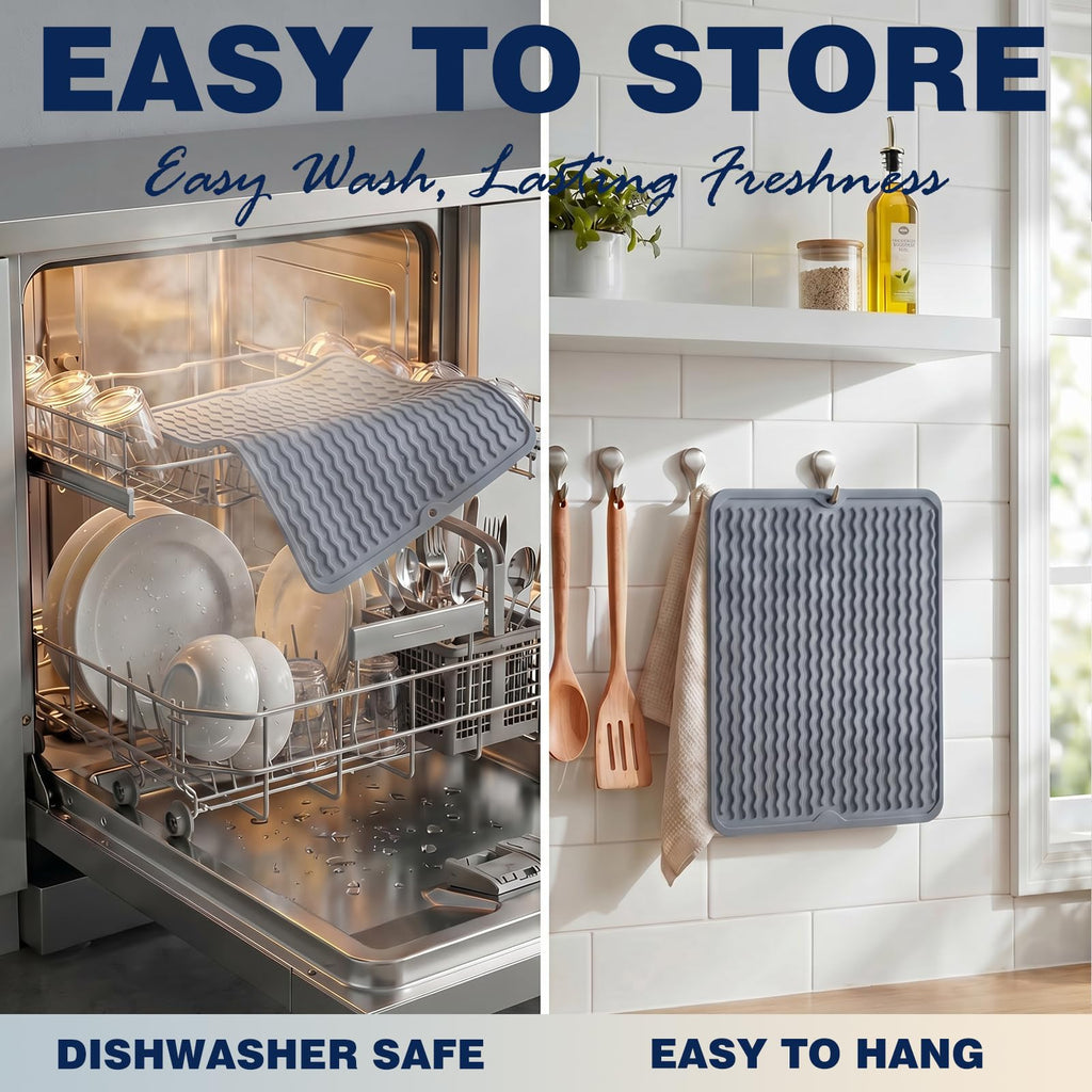 2 Pack Caketime Silicone Dish Drying Mat for Kitchen Counter Cooking Baking Coffee Bar Hot Pads Accessories Dining Home Essentials Under Sink Protector Organizers Stone Rack Trays Drain Black