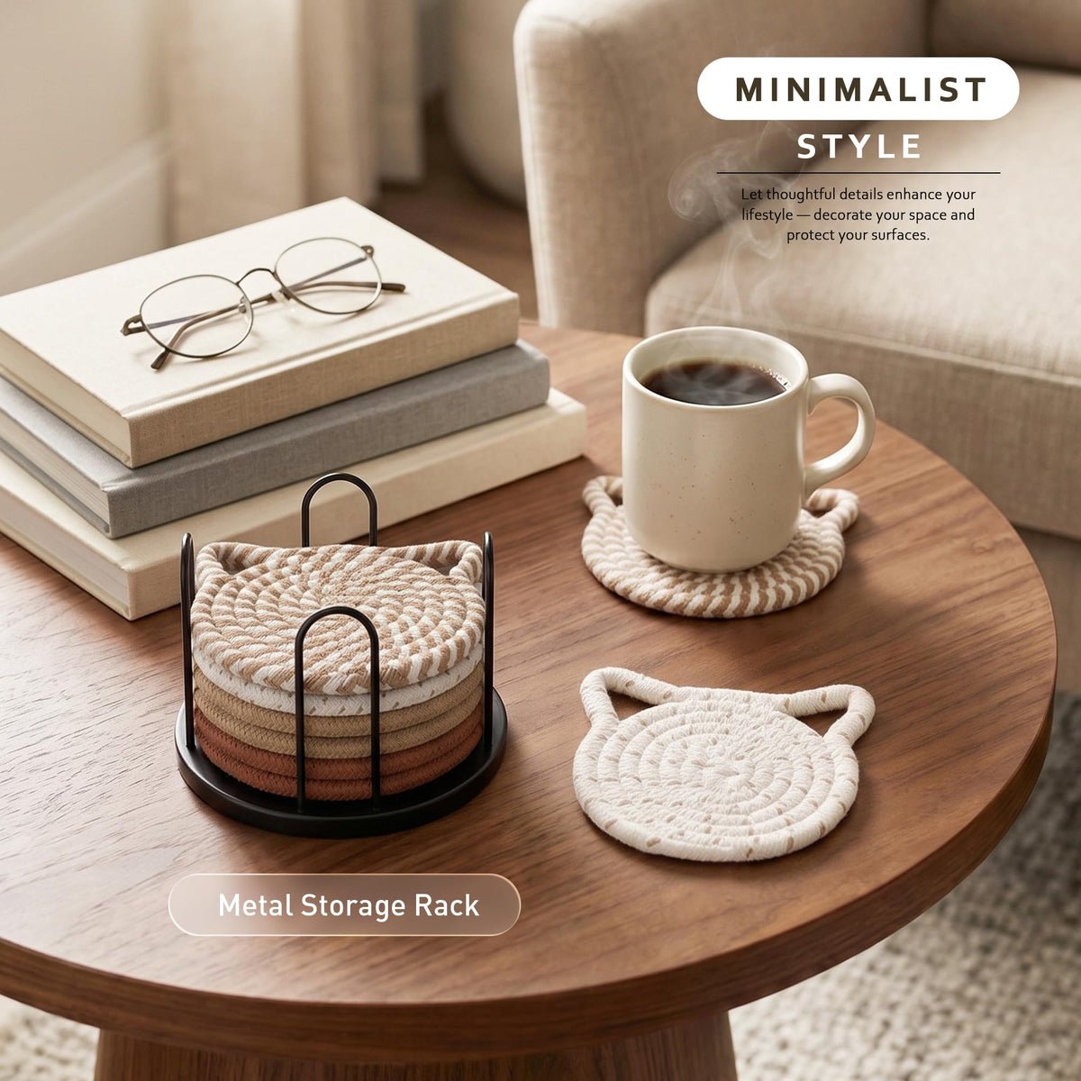 Lazebox Coasters Set of 8 for Drinks, 4 Inch Large Coasters for Coffee Table, Tabletop Protection for Hot & Cold Drinks, Versatile Coasters for Home Decor, Non-Slip & Easy to Clean, Coffee