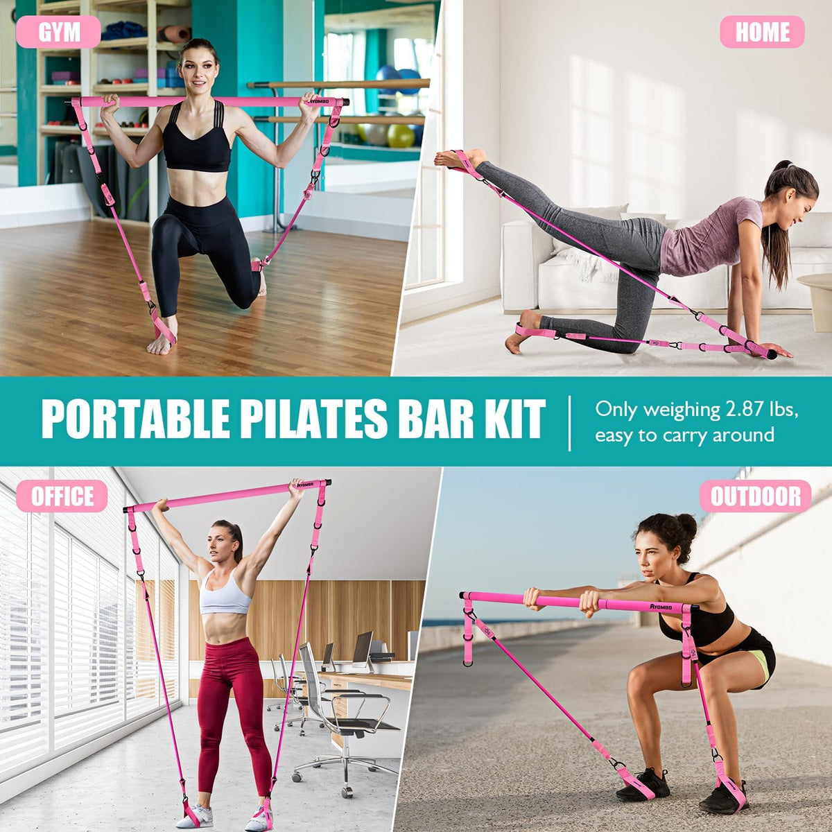 Pilates Bar Kit with Resistance Bands, Adjustable Pink Workout Set
