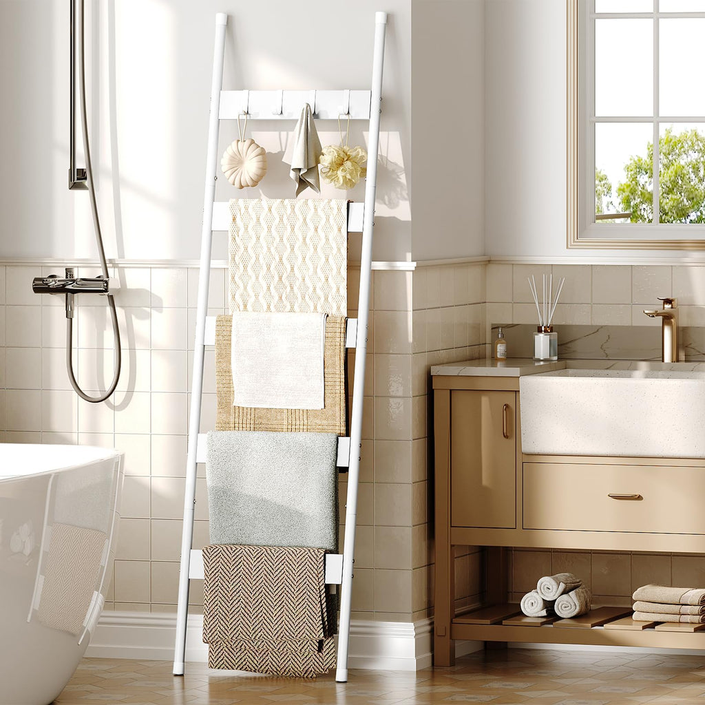 HOOBRO Blanket Ladder, 5-Tier Towel Rack with Hooks, Wall-Leaning Blanket Rack, Decorative Display Ladder Shelf, for Scarves, Industrial, Living Room, Bedroom, Rustic Brown and Black BF52CJ01G1