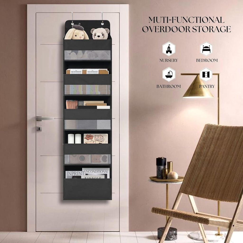 TYMENSH Over the Door Organizer for Bedroom Bathroom Pantry, 5 Shelf Black
