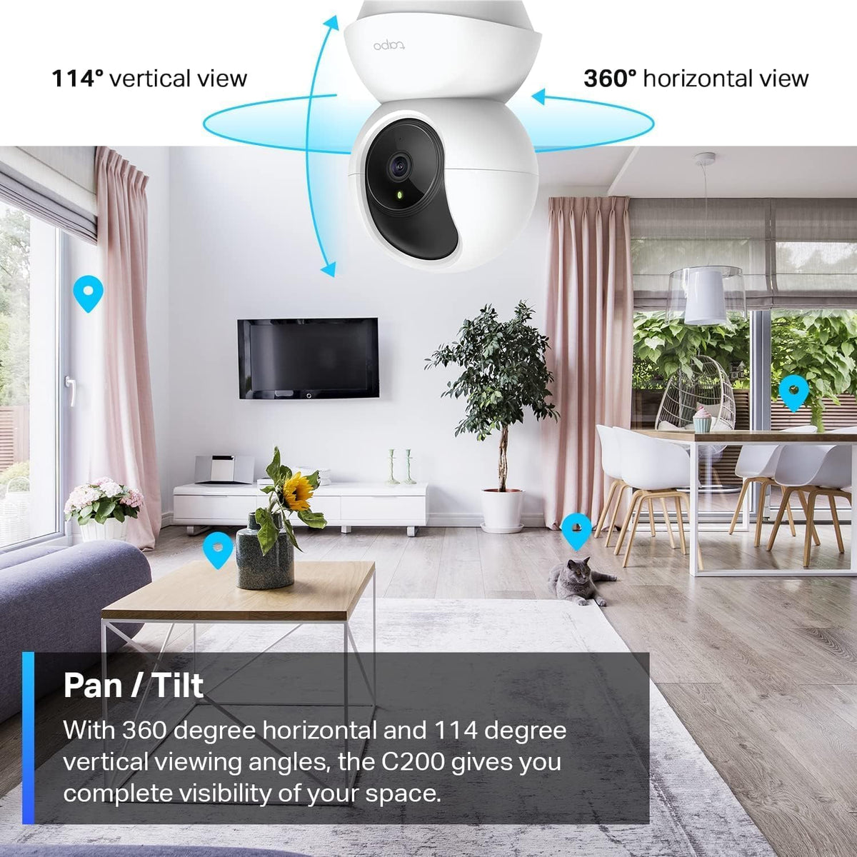 كاميرا مراقبة TP-Link Tapo Pan/Tilt بدقة 1080 بكسل، رؤية دوارة 360 درجة | تتبع الحركة | كشف الحركة وبكاء الأطفال | صوت ثنائي الاتجاه | رؤية ليلية | متوافقة مع Alexa وGoogle Home (Tapo C200)