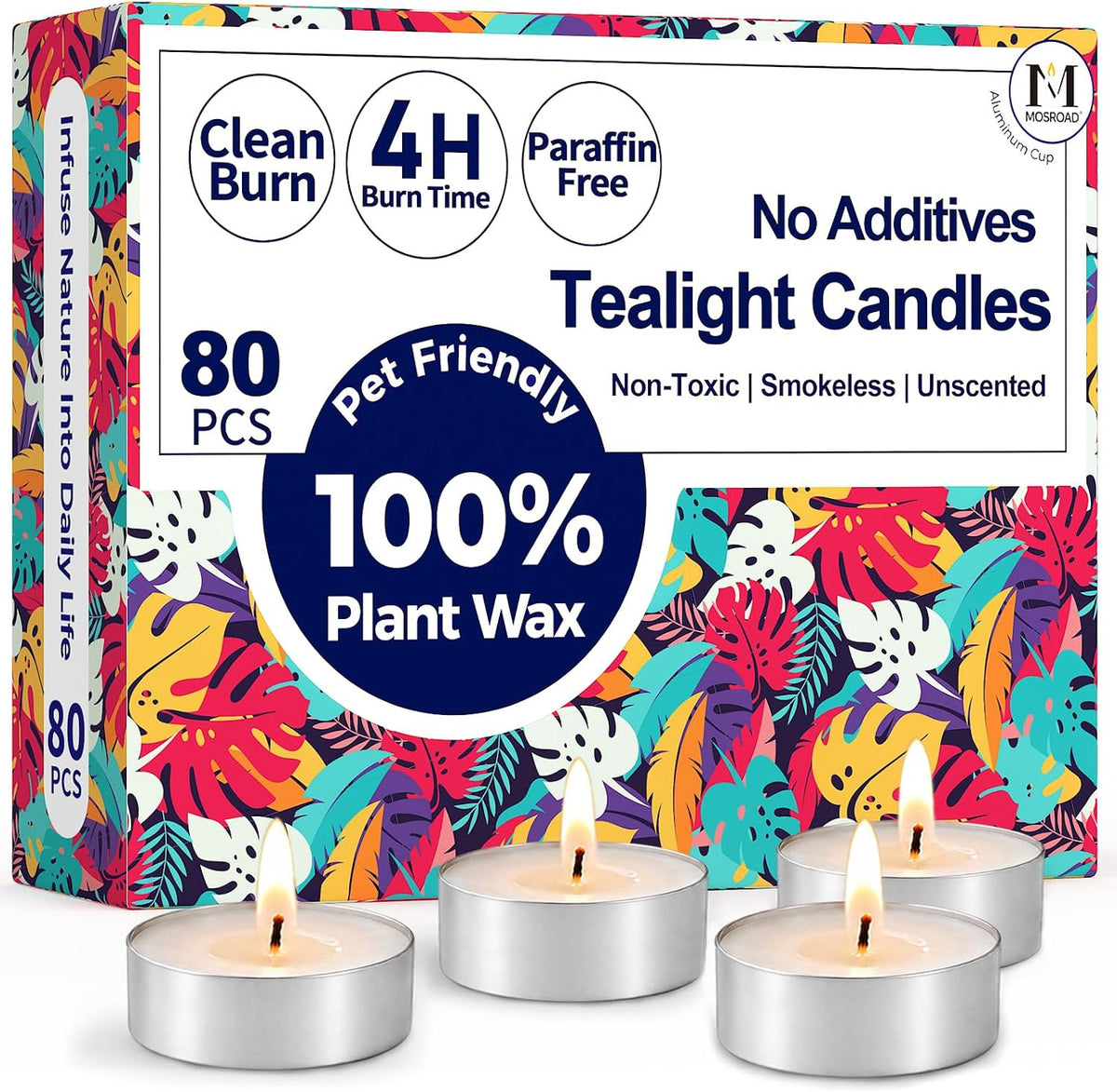 Tea Lights Candles 80 Pack, 4 Hour Palm Wax Tealight Candle Set