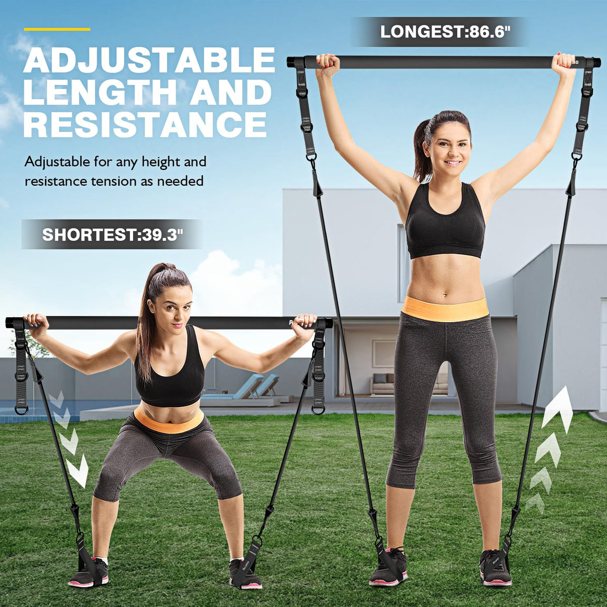 Pilates Bar Kit with Resistance Bands, Adjustable Pink Workout Set