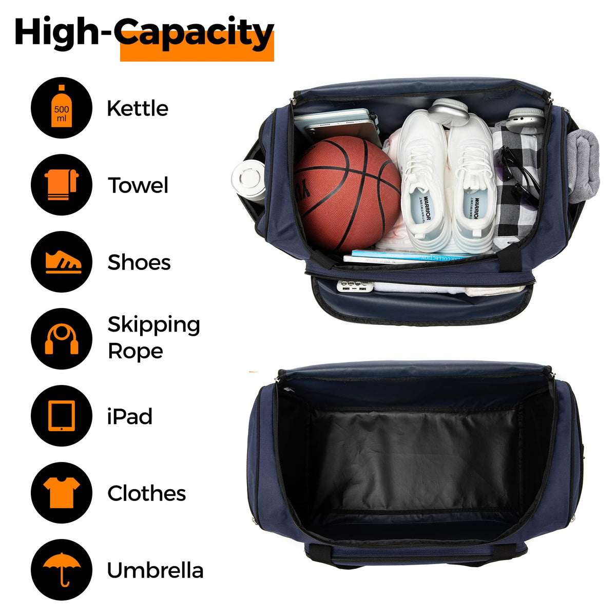 Gym Bag for Men & Women - 50L Large Duffle Bag for Travel, Black