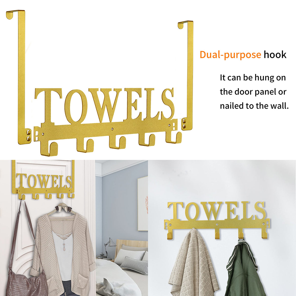 Kuhome Over The Door Hooks, Towel Holder for Bathroom, Door Mount Towel Rack Towel Hooks for Bedroom Beach Towels Bathrobe Wall Mount Hang on The Door Cabinet Cupboard Metal Sandblasted (Black)