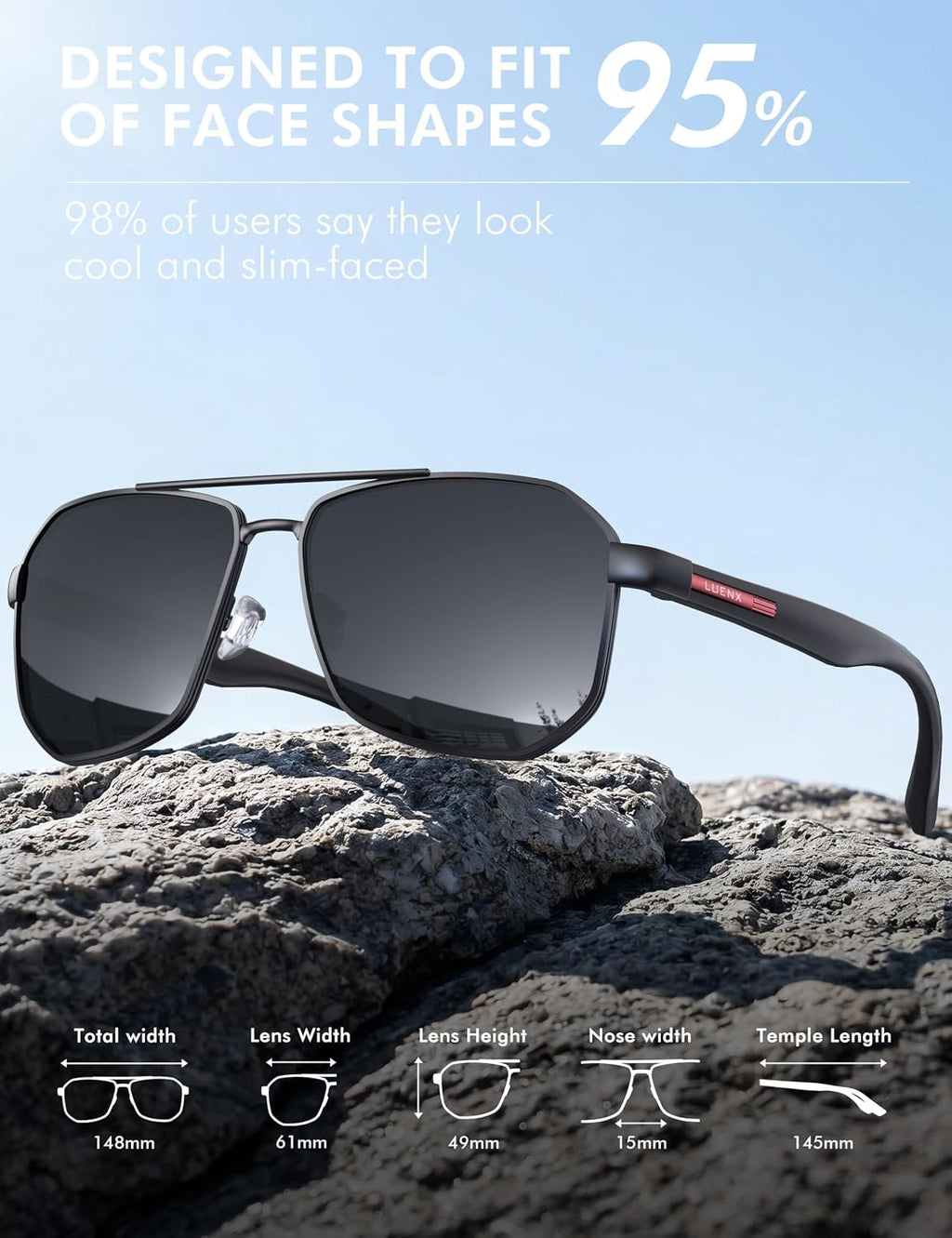 LUENX Aviator Polarized Sunglasses for Men: Square UV400 Driving