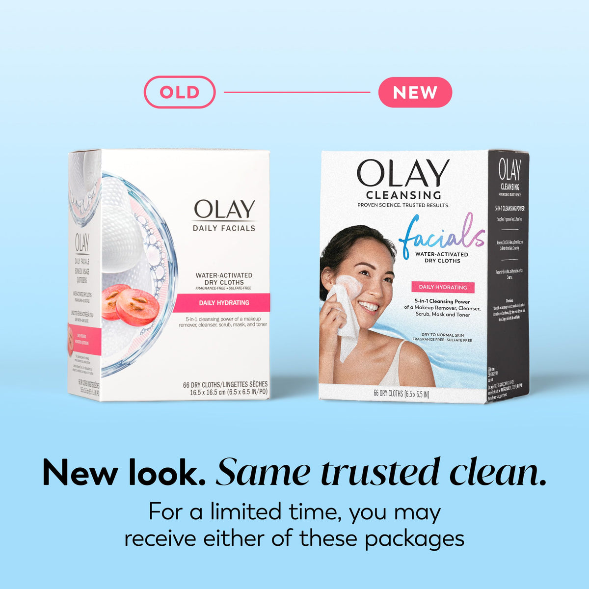 Olay Makeup Remover Wipes, Daily Facials Deep Clean Face Cleanser for Normal to Oily Skin, Alcohol & Fragrance Free, Soft Face Wash Towels, Travel Essentials for Women, Convenient Dry Cloths, 66 ct