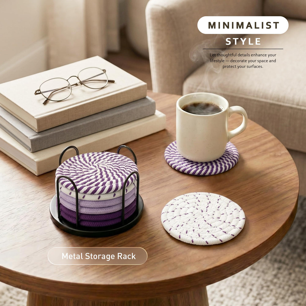 Lazebox Coasters Set of 8 for Drinks, 4 Inch Large Coasters for Coffee Table, Tabletop Protection for Hot & Cold Drinks, Versatile Coasters for Home Decor, Non-Slip & Easy to Clean, Coffee