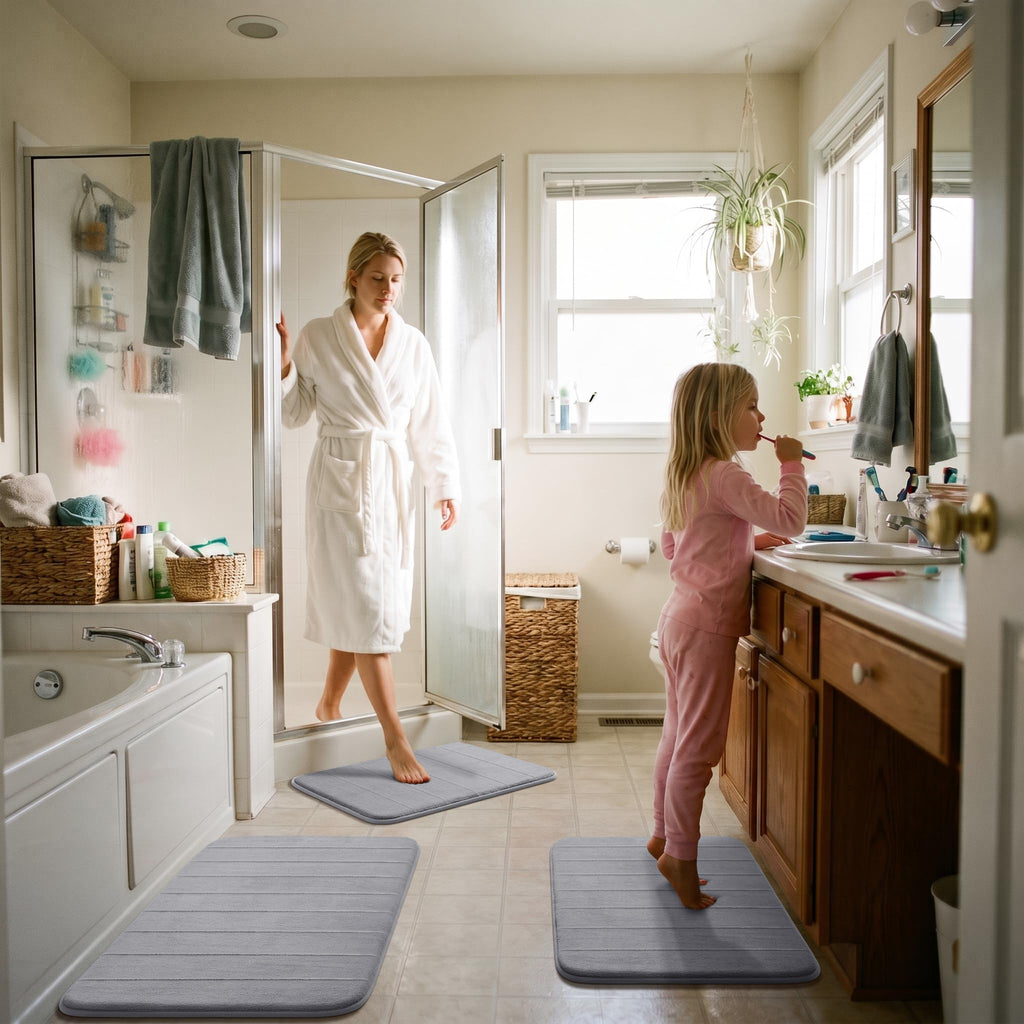 Yimobra Memory Foam Bath Mat Set 3 Pieces- Super Soft Absorbent Quick Dry Bathroom Rug Sets, Machine Washable Non Slip Floor Carpet for Tub Shower, Vanity & Toilet Base, Gray