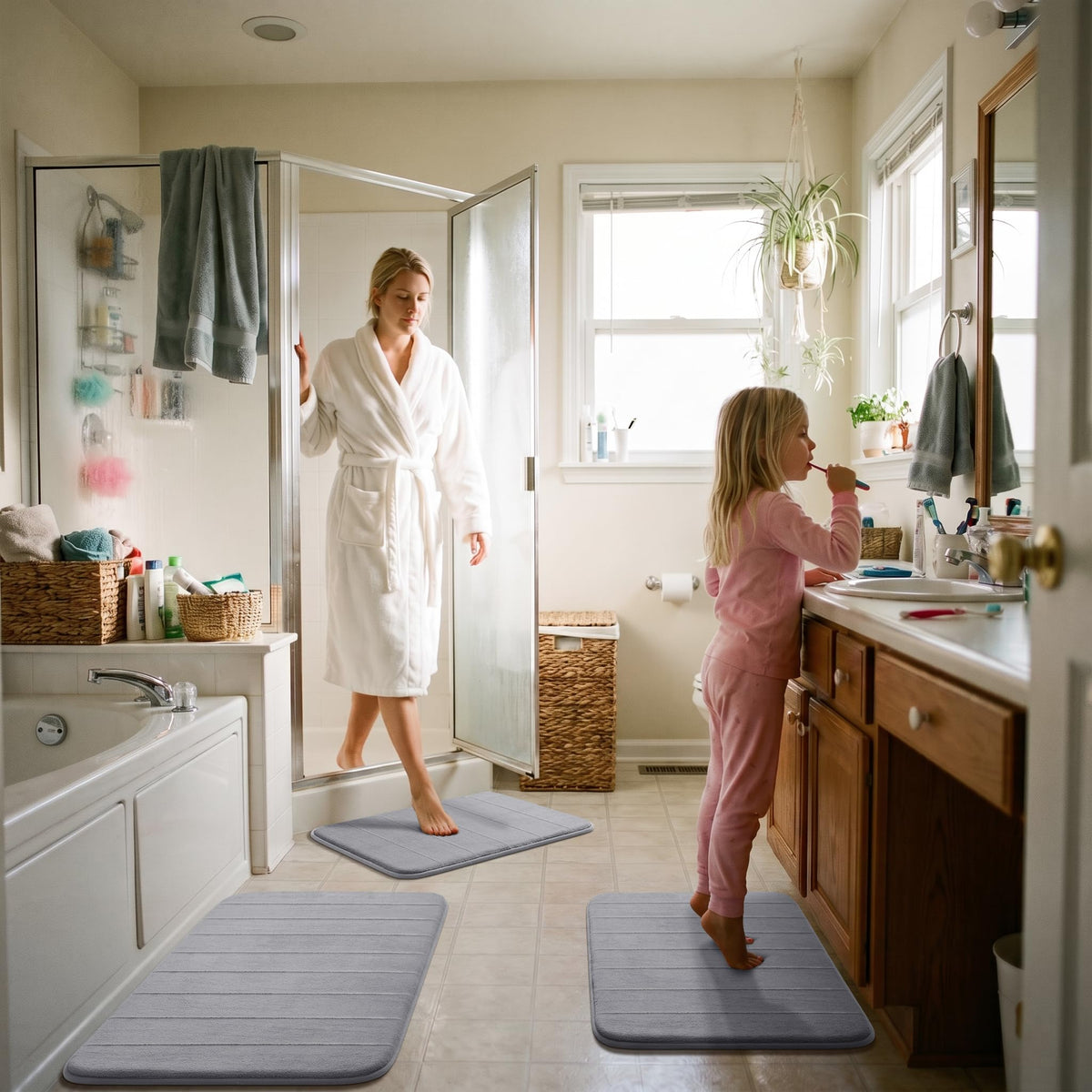 Yimobra Memory Foam Bath Mat Set 3 Pieces- Super Soft Absorbent Quick Dry Bathroom Rug Sets, Machine Washable Non Slip Floor Carpet for Tub Shower, Vanity & Toilet Base, Gray