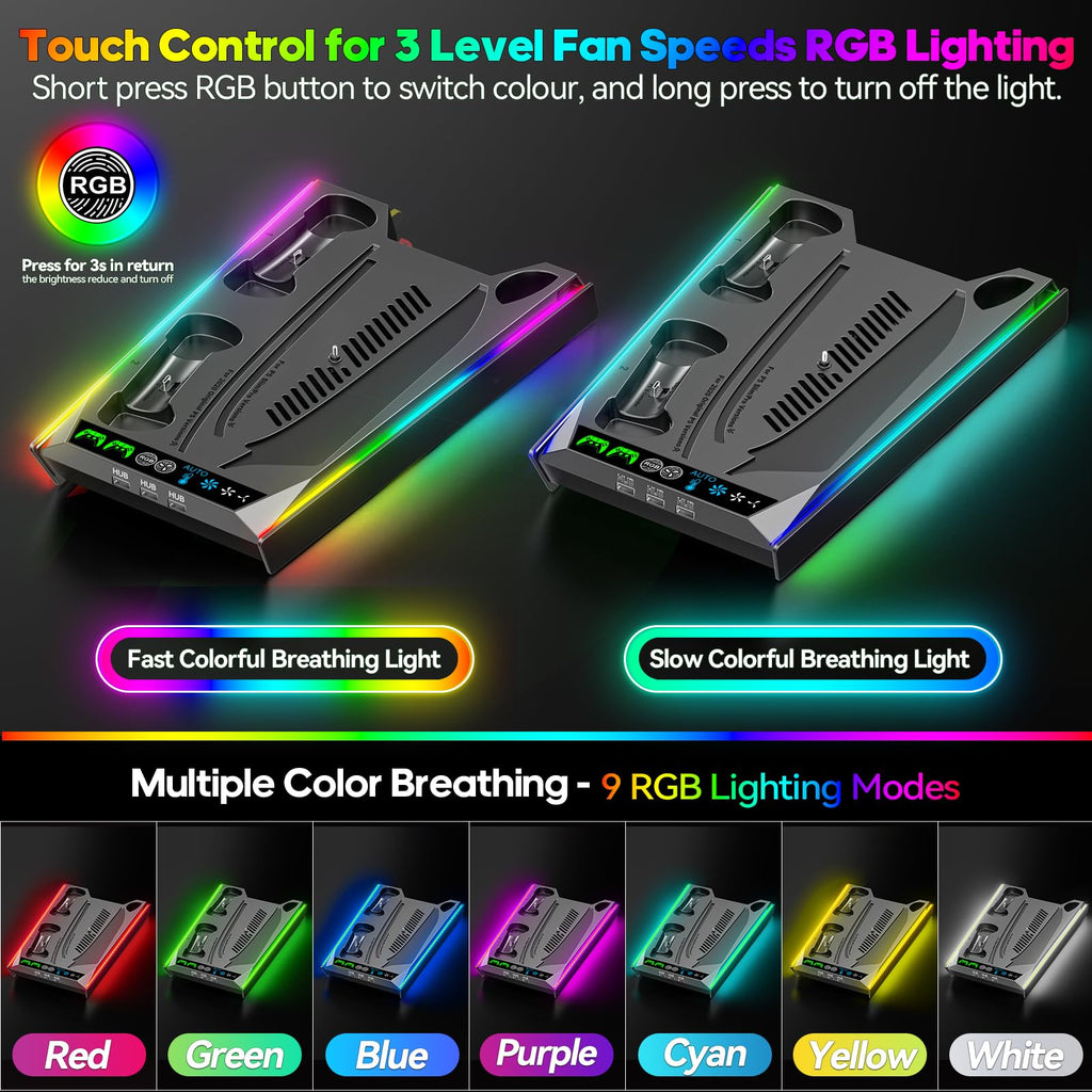 PS5/Slim/Pro Stand for Disc & Digital Console, PS5 Cooling & Charging Station with RGB Lights, PS5 Controller Charger Built-in 3 Level & AUTO Adjustable Fan, Accessories for PlayStation 4 Chargers