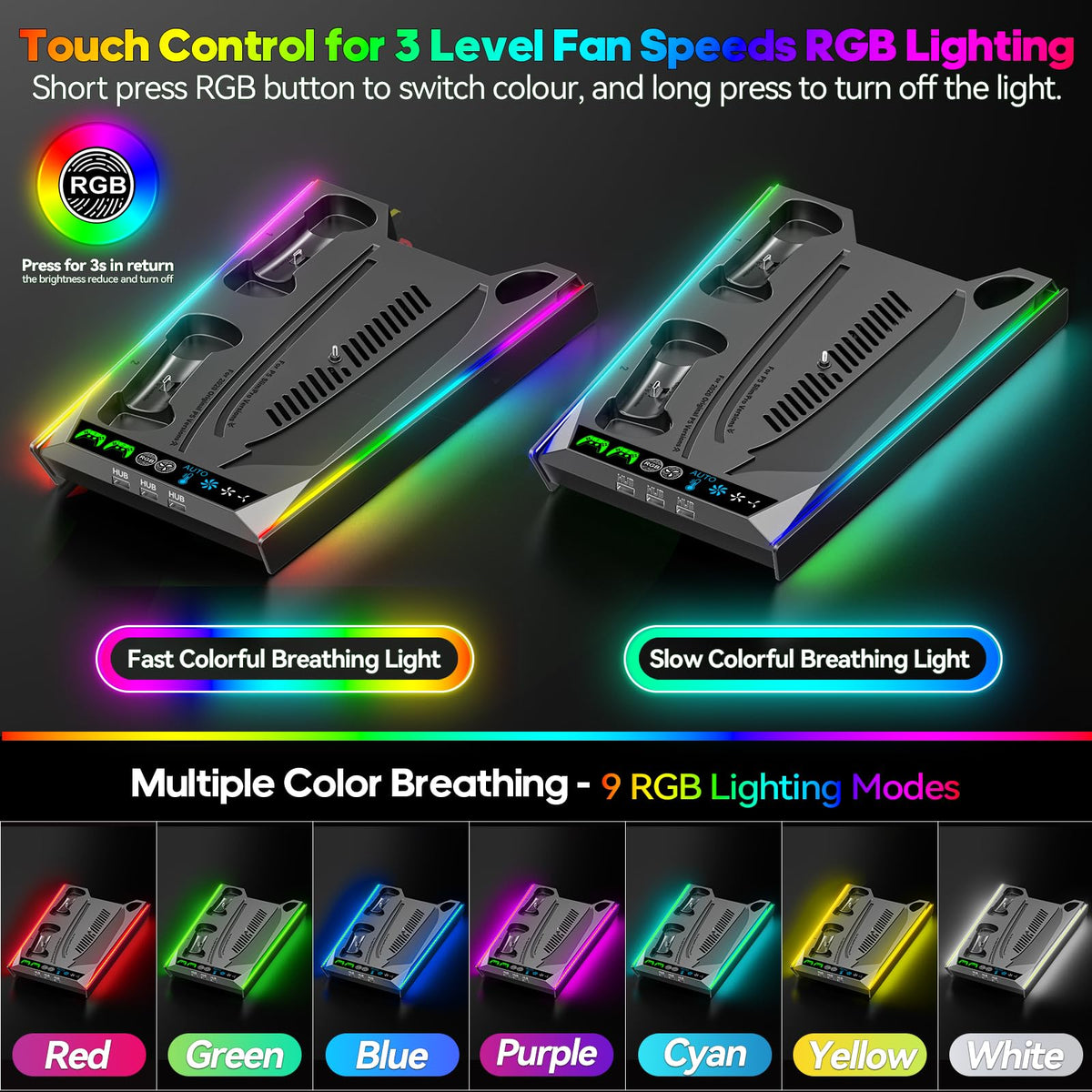 PS5/Slim/Pro Stand for Disc & Digital Console, PS5 Cooling & Charging Station with RGB Lights, PS5 Controller Charger Built-in 3 Level & AUTO Adjustable Fan, Accessories for PlayStation 4 Chargers