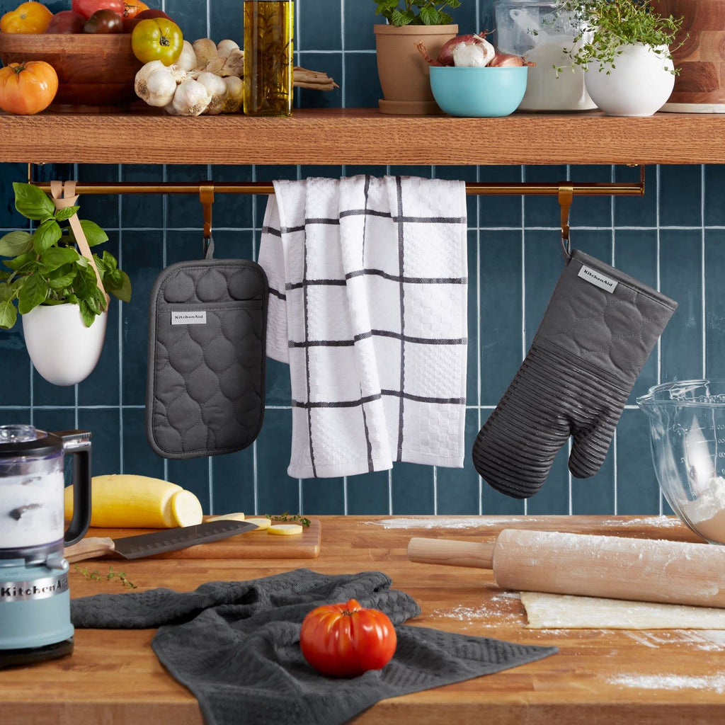 KITCHENAID Quilted Cotton Terry Cloth Oven Mitt, Pot Holder, Kitchen Towel 4-Pack Set, Heat Resistant, Silicone Grip, 16"x26", 7"x13" & 7"x10", Milkshake Tan