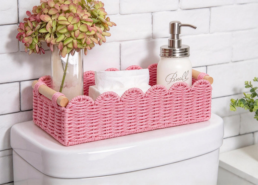 CubesLand Scalloped Toilet Paper Storage Basket W/Handle for Home Decor