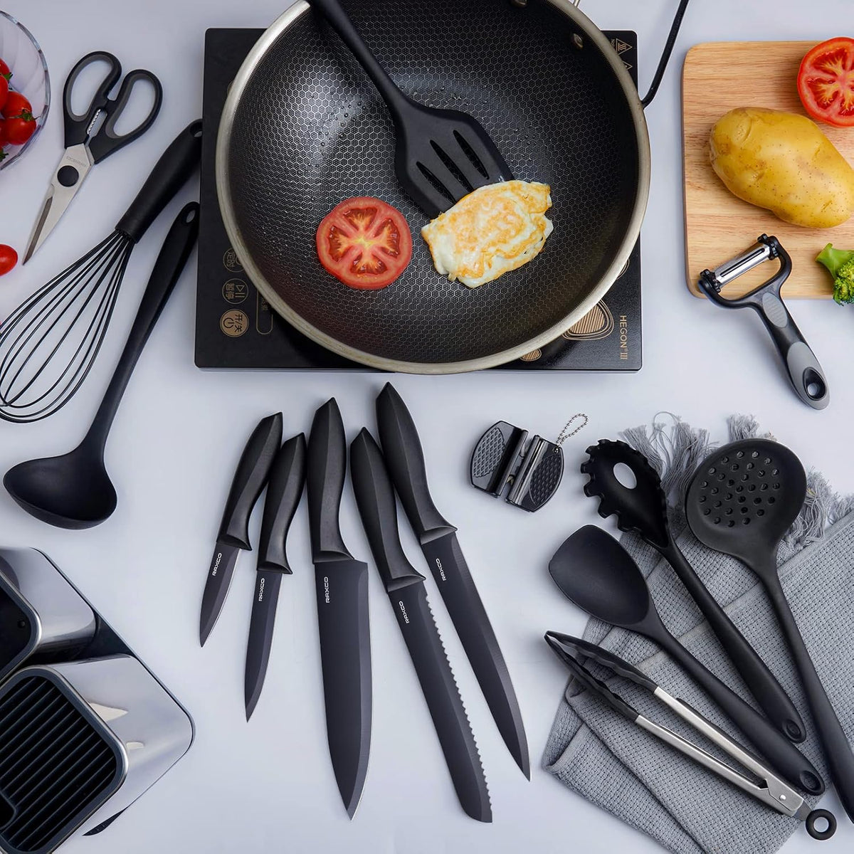Kitchen Utensils Set,18-Piece Cooking Utensils and Knife Set,Black
