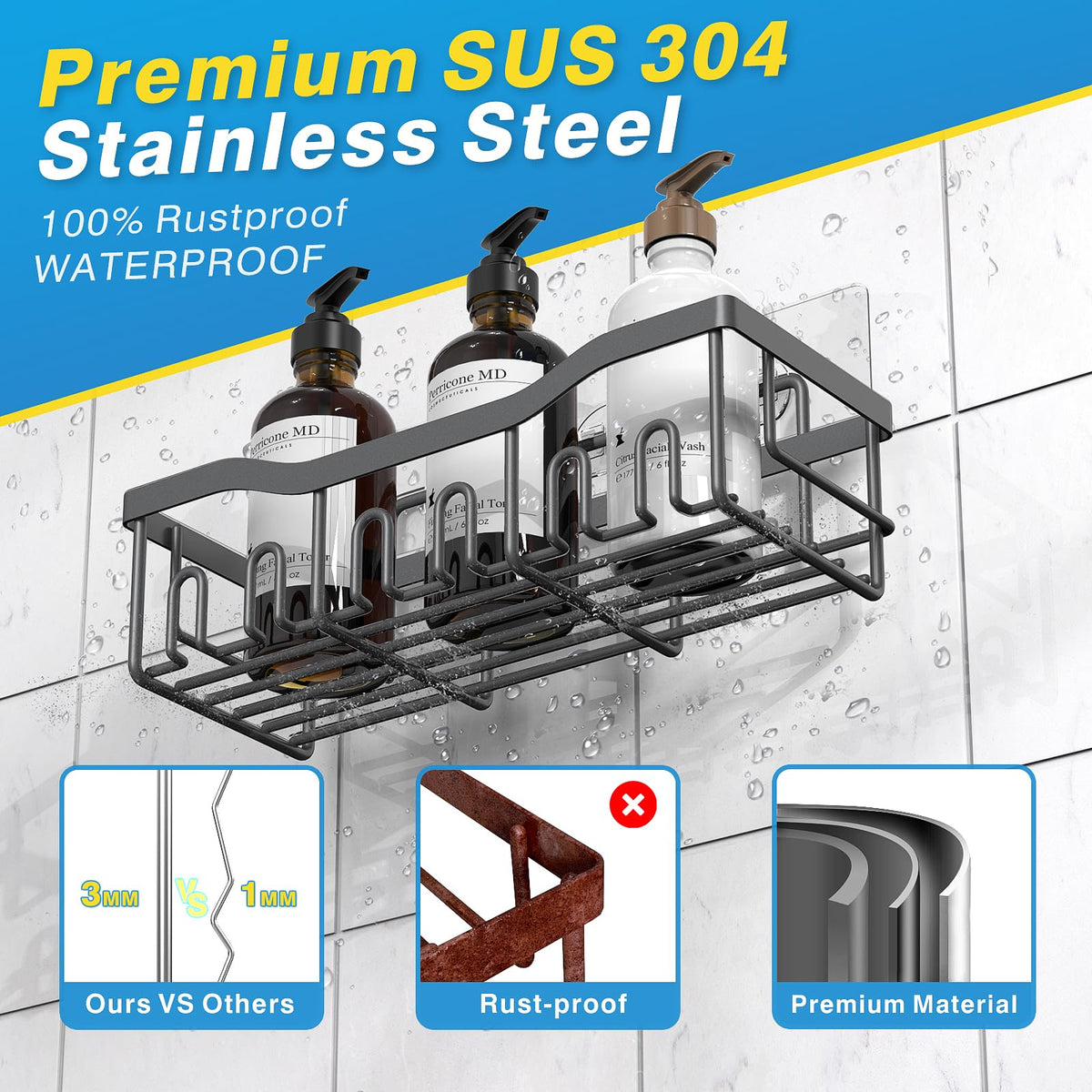 EUDELE Adhesive Shower Caddy, 5 Pack Rustproof Stainless Steel Bath Organizers With Large Capacity, No Drilling Shelves for Bathroom Storage & Home Decor