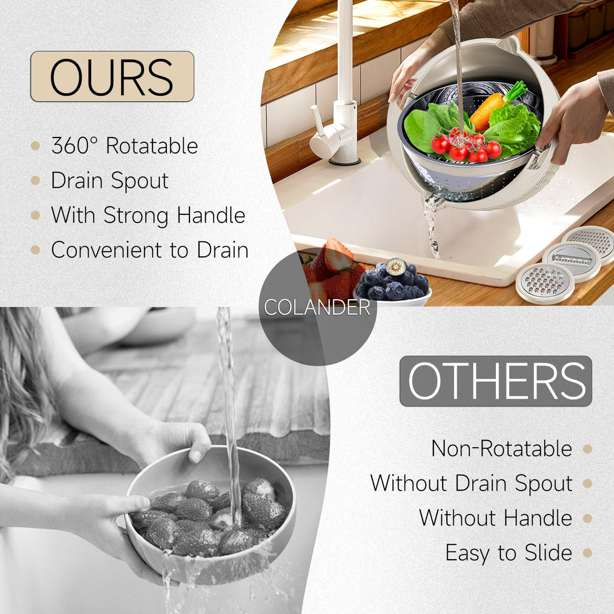 Over the Sink Colander - Strainers and Colanders - Sink Strainer Basket - Expandable Fine Mesh Strainer with Rubber Grip for Veggie, Fruits, Pasta, Home Kitchen Essentials (9.5W x 13.4-21.3L x 3.3H)