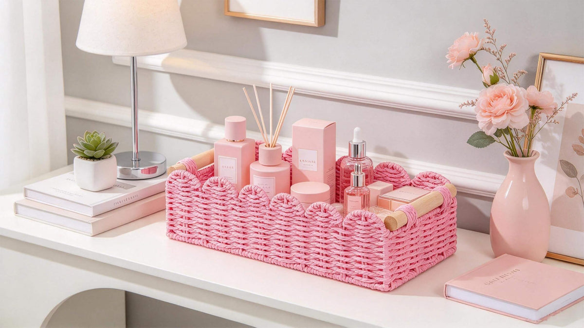CubesLand Scalloped Toilet Paper Storage Basket W/Handle for Home Decor