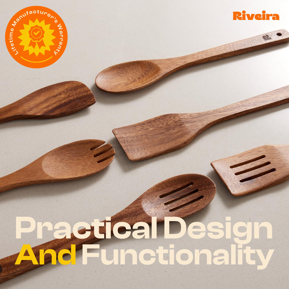 Riveira Dark Bamboo Wooden Spoons for Cooking 6-Piece, Apartment Essentials Wood Spatula Spoon Nonstick Kitchen Utensil Set Premium Quality Housewarming Gifts for Everyday Use
