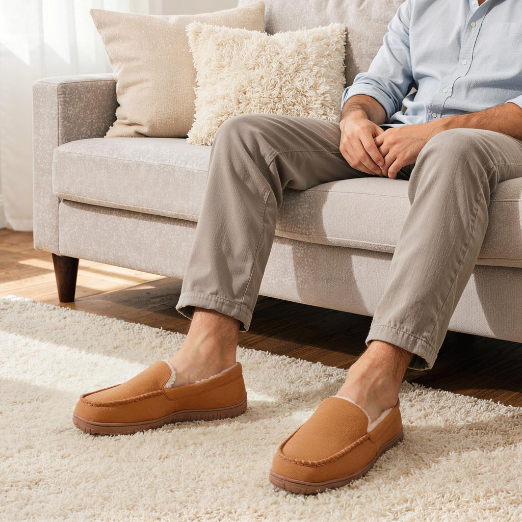 shoeslocker Men's Slippers Indoor Outdoor Warm Soft Plush Memory Foam House Slippers for Men Comfortable Bedroom Moccasin Slipper Non-Slip