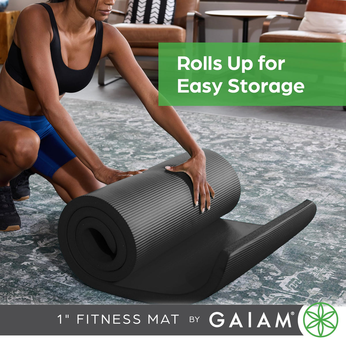 Gaiam Thick Yoga Mat, Exercise & Fitness Mat with Easy-Cinch Carrying Strap