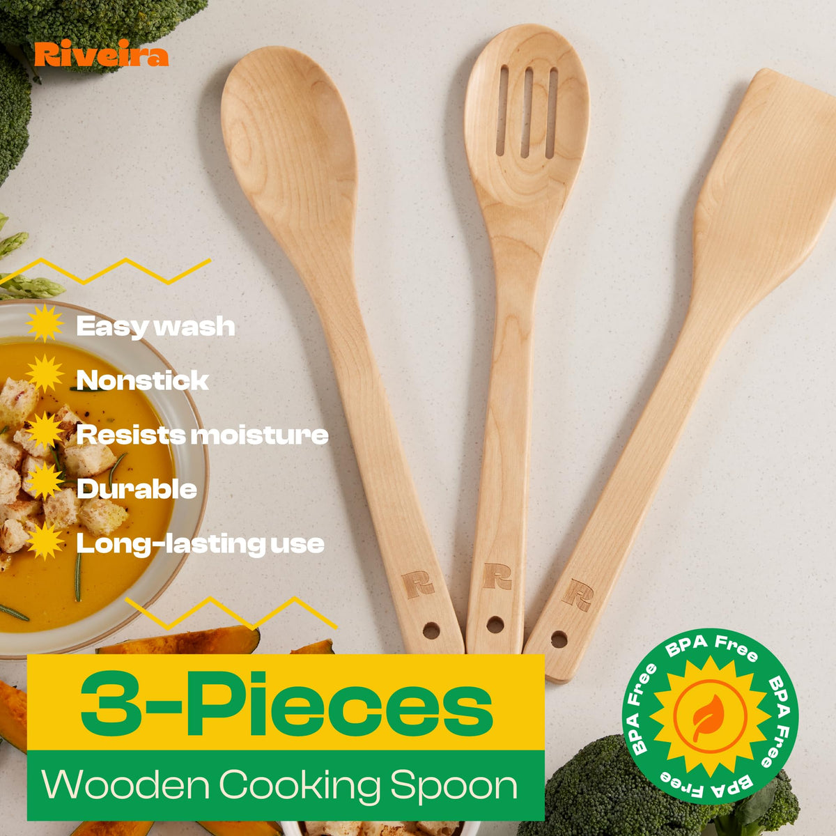 Riveira Dark Bamboo Wooden Spoons for Cooking 6-Piece, Apartment Essentials Wood Spatula Spoon Nonstick Kitchen Utensil Set Premium Quality Housewarming Gifts for Everyday Use