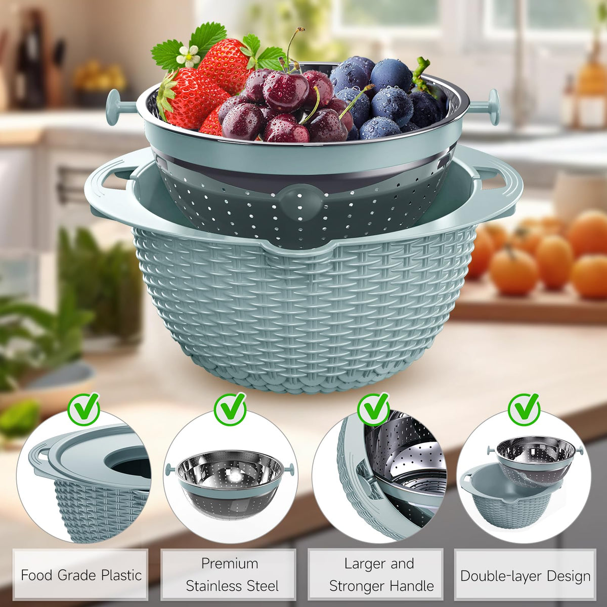Over the Sink Colander - Strainers and Colanders - Sink Strainer Basket - Expandable Fine Mesh Strainer with Rubber Grip for Veggie, Fruits, Pasta, Home Kitchen Essentials (9.5W x 13.4-21.3L x 3.3H)