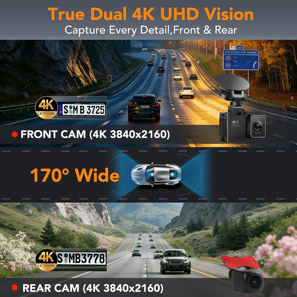 4K Dash Cam Front and Rear, STARVIS 2 Night Vision, Free 64GB Card, 5GHz WiFi with App, Built-in GPS, Dash Camera for Cars 170° Wide Angle, 3" IPS Screen, Loop Recording, 24H Parking Monitor