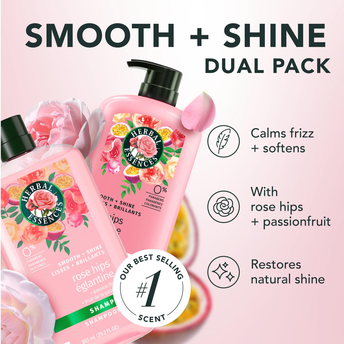 Herbal Essences Shampoo & Conditioner Set, Rose Hips - Smooth Collection, Paraben-Free, Color-Safe, Shiny Hair with Jojoba & Vitamin E, 29.2 Fl Oz Each, 2-Pack