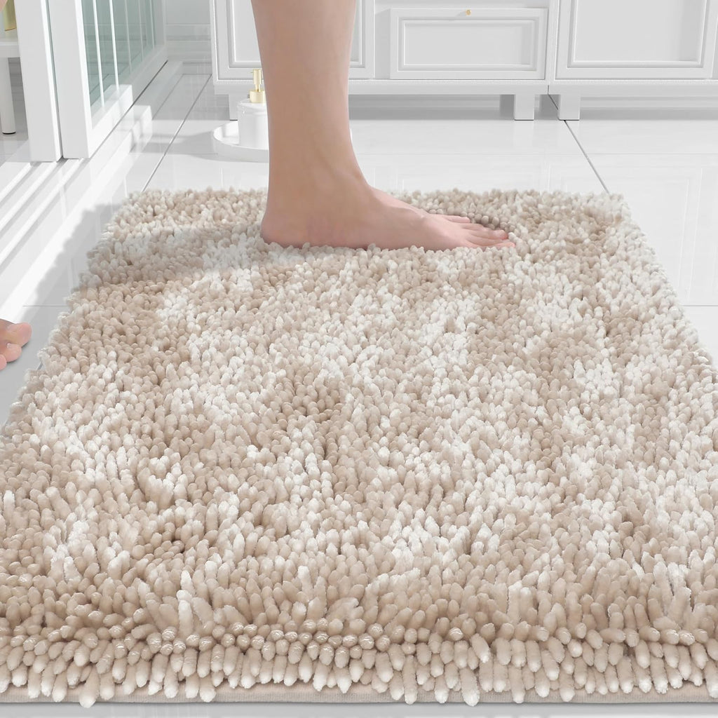 Yimobra Chenille Bathroom Rugs Non Slip, Extra Thick Soft Absorbent Bath Rug, Machine Washable Quick Dry Bath Mat for Bathroom Floor, Tub and Shower, Home Decor Accessories, 24x17, Khaki