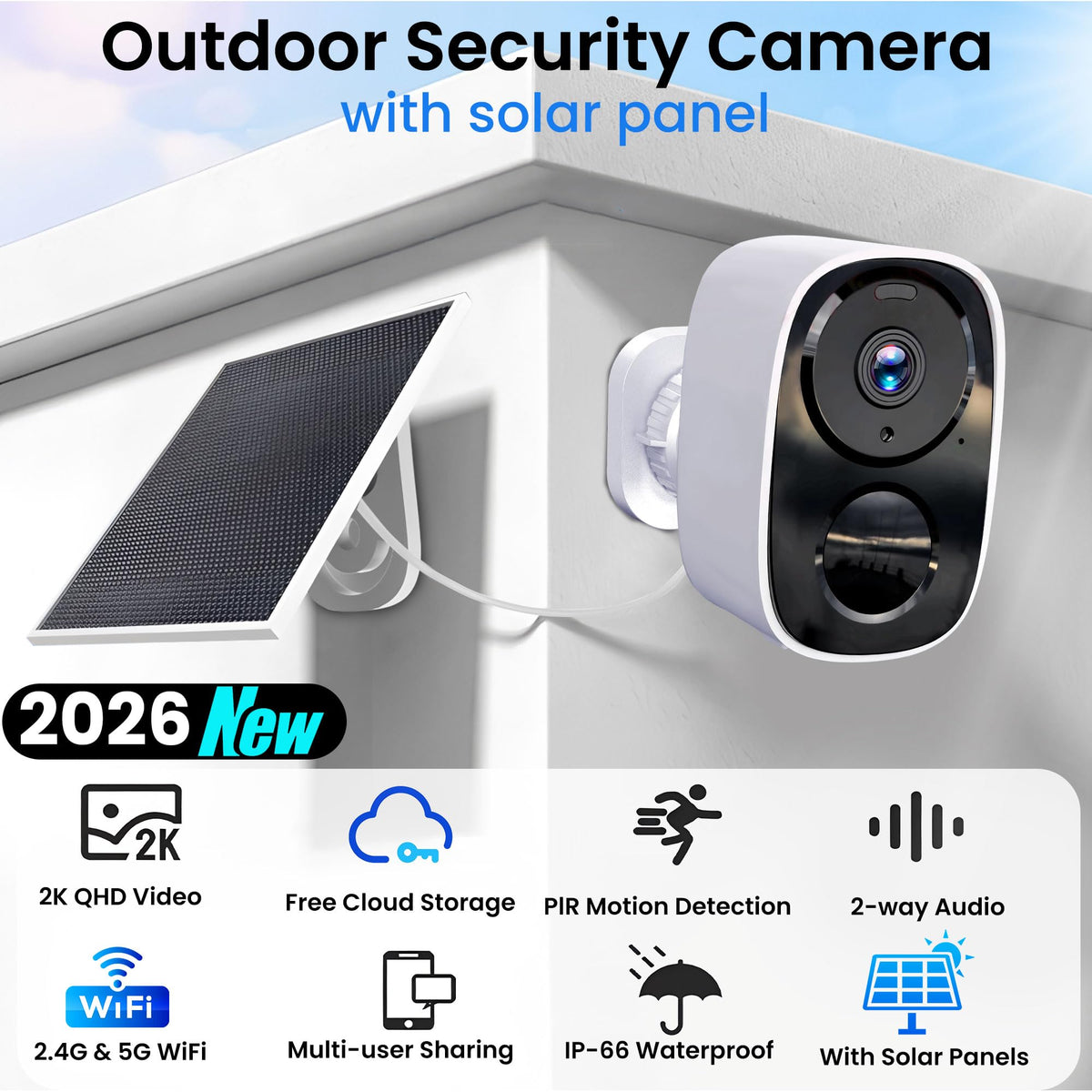 2026 Upgraded 2K Security Cameras Wireless Outdoor, Free Cloud Storage, 1-6 Months Battery Life, Waterproof, 2-Way Talk, AI Motion Detection Spotlight Siren Alarm Cameras for Home Security