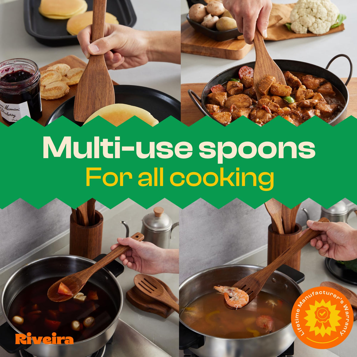 Riveira Dark Bamboo Wooden Spoons for Cooking 6-Piece, Apartment Essentials Wood Spatula Spoon Nonstick Kitchen Utensil Set Premium Quality Housewarming Gifts for Everyday Use