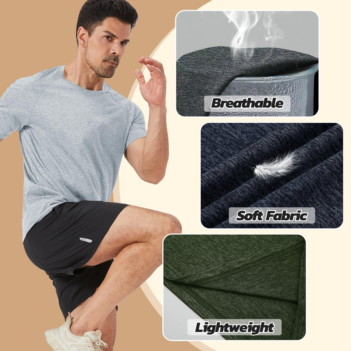 3 Pack Workout Mens Shirts Gym Quick Dry Moisture Wicking T Shirts（S-6XL）