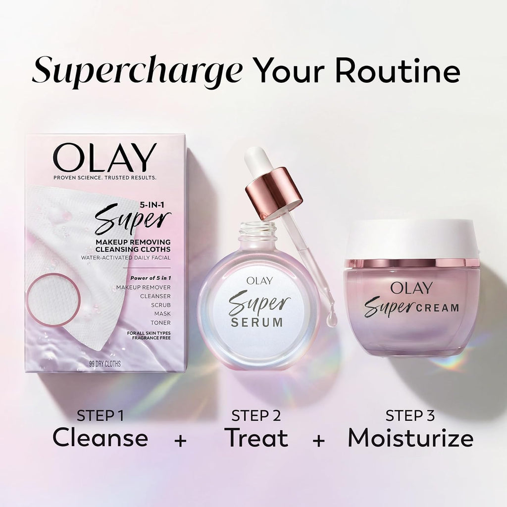 Olay Super Daily Facial Cleansing Cloths, Lathering Face Cleansing Wipes for Daily Cleanser, Single-Use Disposable Cloths (Do Not Flush), 99 Count