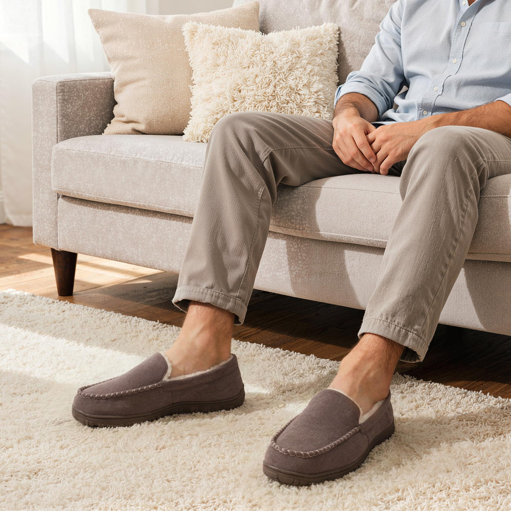 shoeslocker Men's Slippers Indoor Outdoor Warm Soft Plush Memory Foam House Slippers for Men Comfortable Bedroom Moccasin Slipper Non-Slip