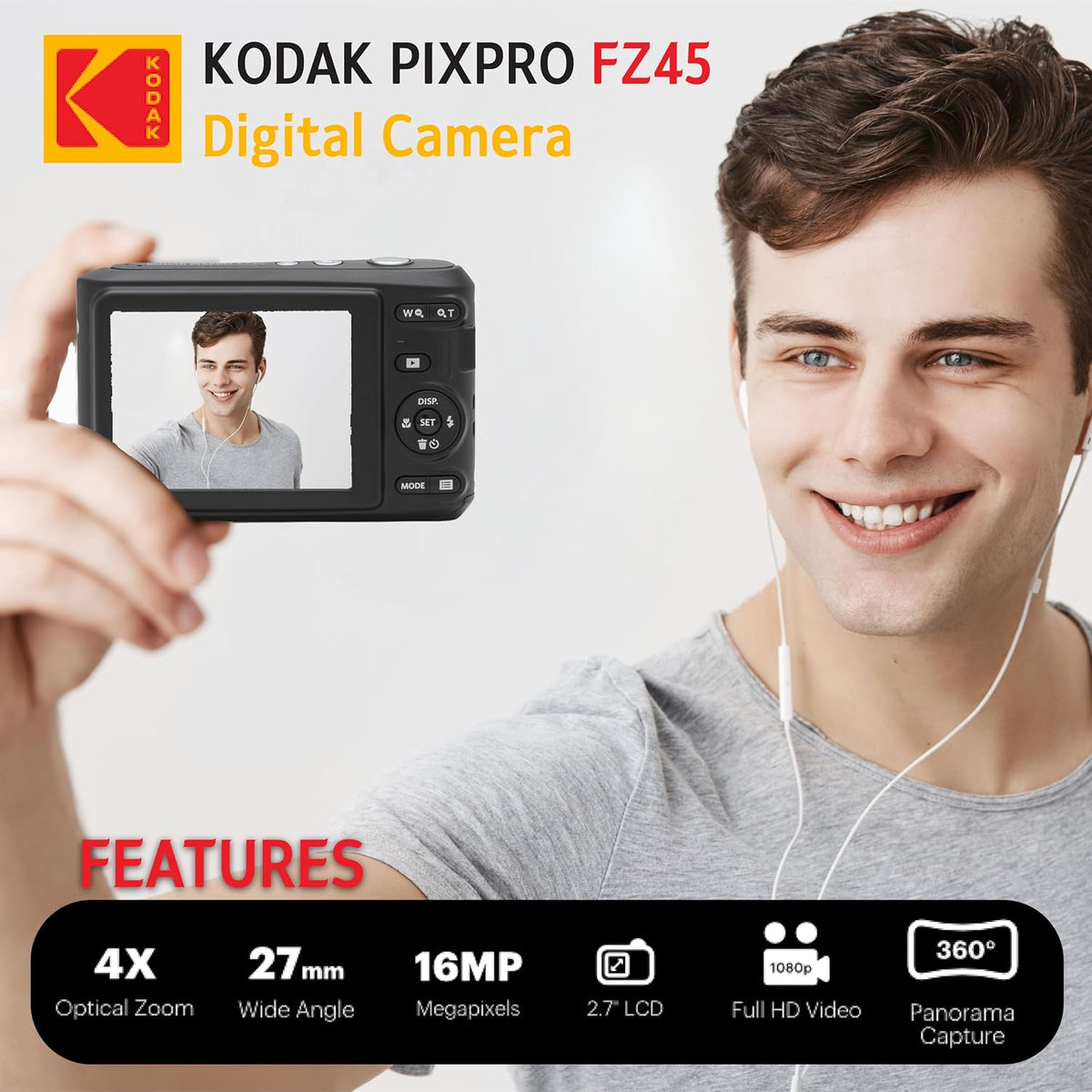 KODAK PIXPRO FZ45 16MP Digital Camera with 4X Optical Zoom 27mm Wide Angle and 2.7" LCD Screen Bundle with 32GB SD Memory Card, AA Batteries (4 Pack), Lens Cleaning Cloth (White)