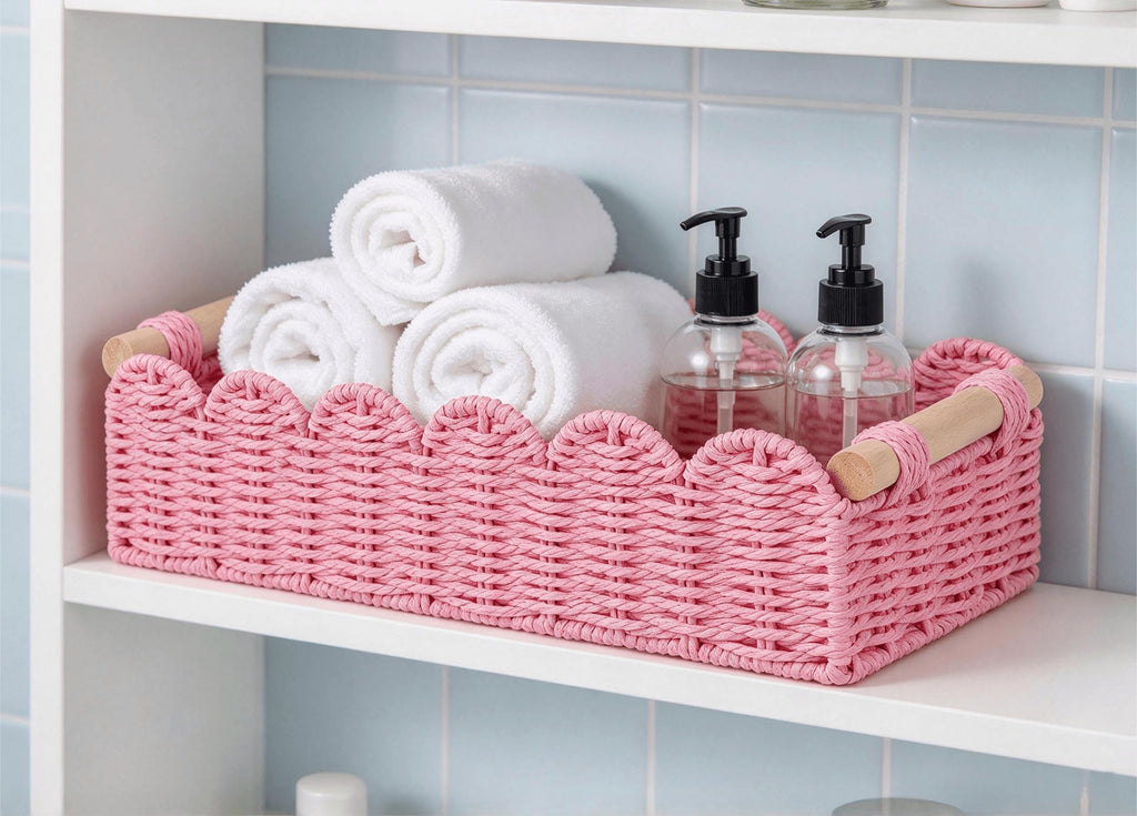 CubesLand Scalloped Toilet Paper Storage Basket W/Handle for Home Decor