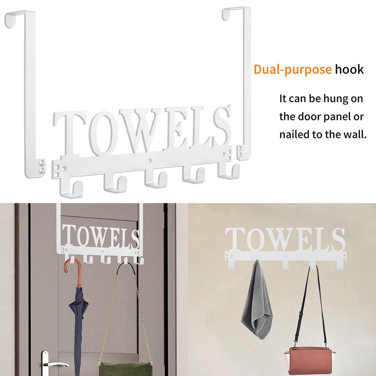 Kuhome Over The Door Hooks, Towel Holder for Bathroom, Door Mount Towel Rack Towel Hooks for Bedroom Beach Towels Bathrobe Wall Mount Hang on The Door Cabinet Cupboard Metal Sandblasted (Black)