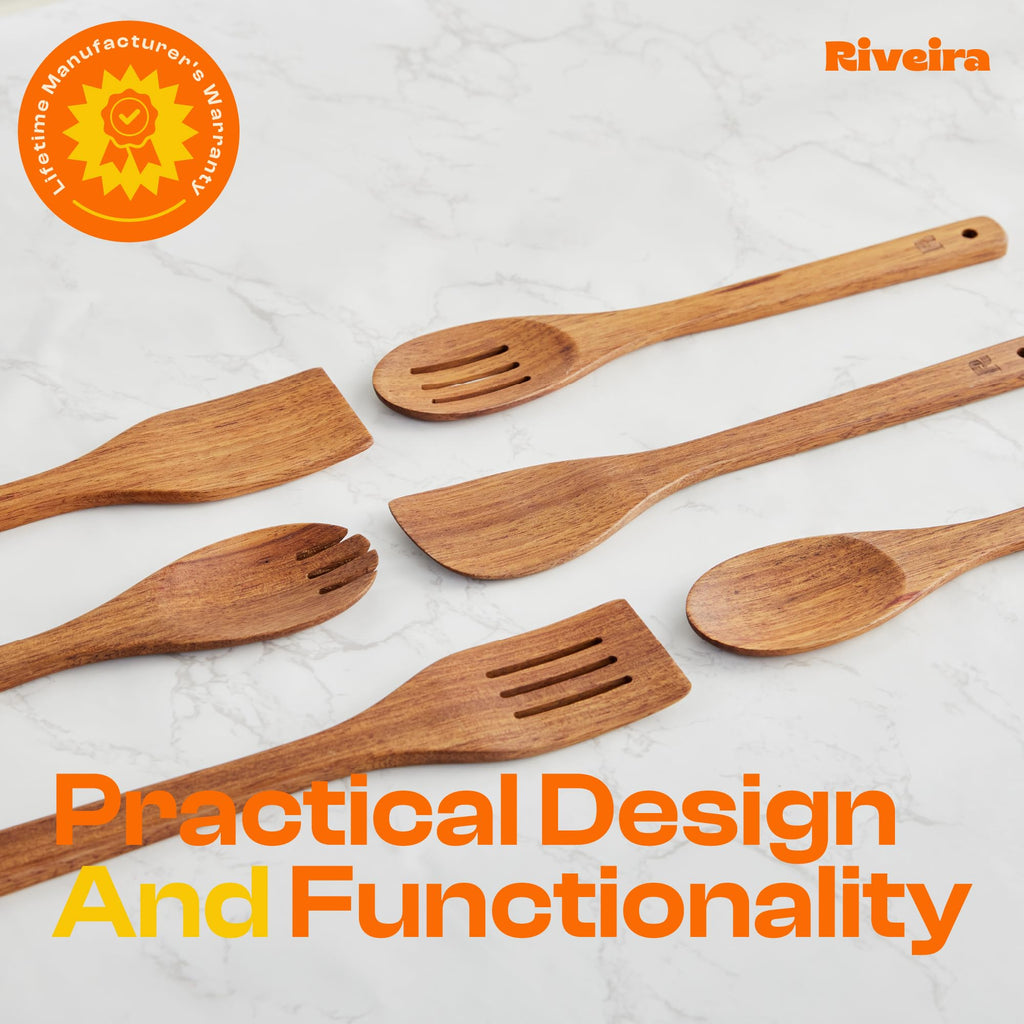 Riveira Dark Bamboo Wooden Spoons for Cooking 6-Piece, Apartment Essentials Wood Spatula Spoon Nonstick Kitchen Utensil Set Premium Quality Housewarming Gifts for Everyday Use
