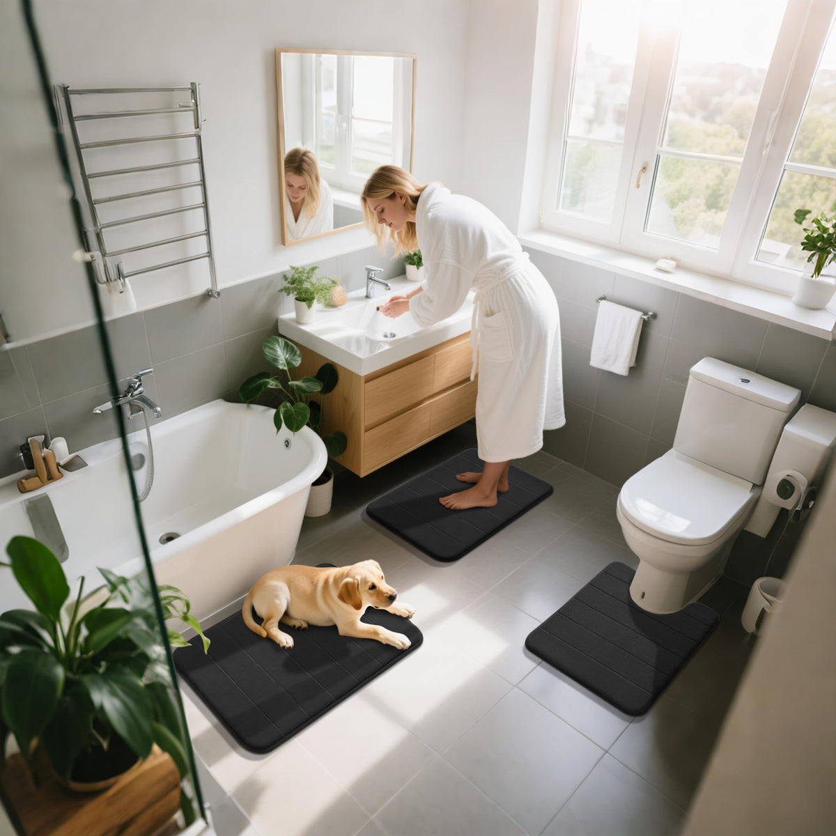 Yimobra Memory Foam Bath Mat Set 3 Pieces- Super Soft Absorbent Quick Dry Bathroom Rug Sets, Machine Washable Non Slip Floor Carpet for Tub Shower, Vanity & Toilet Base, Gray