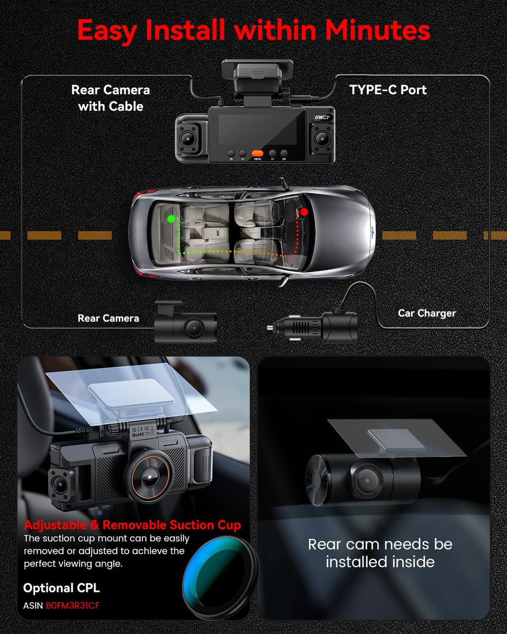 IIWEY N6 360° Dash Cam 4 Channel, Free 128GB Card, 8 IR Lights Night Vision