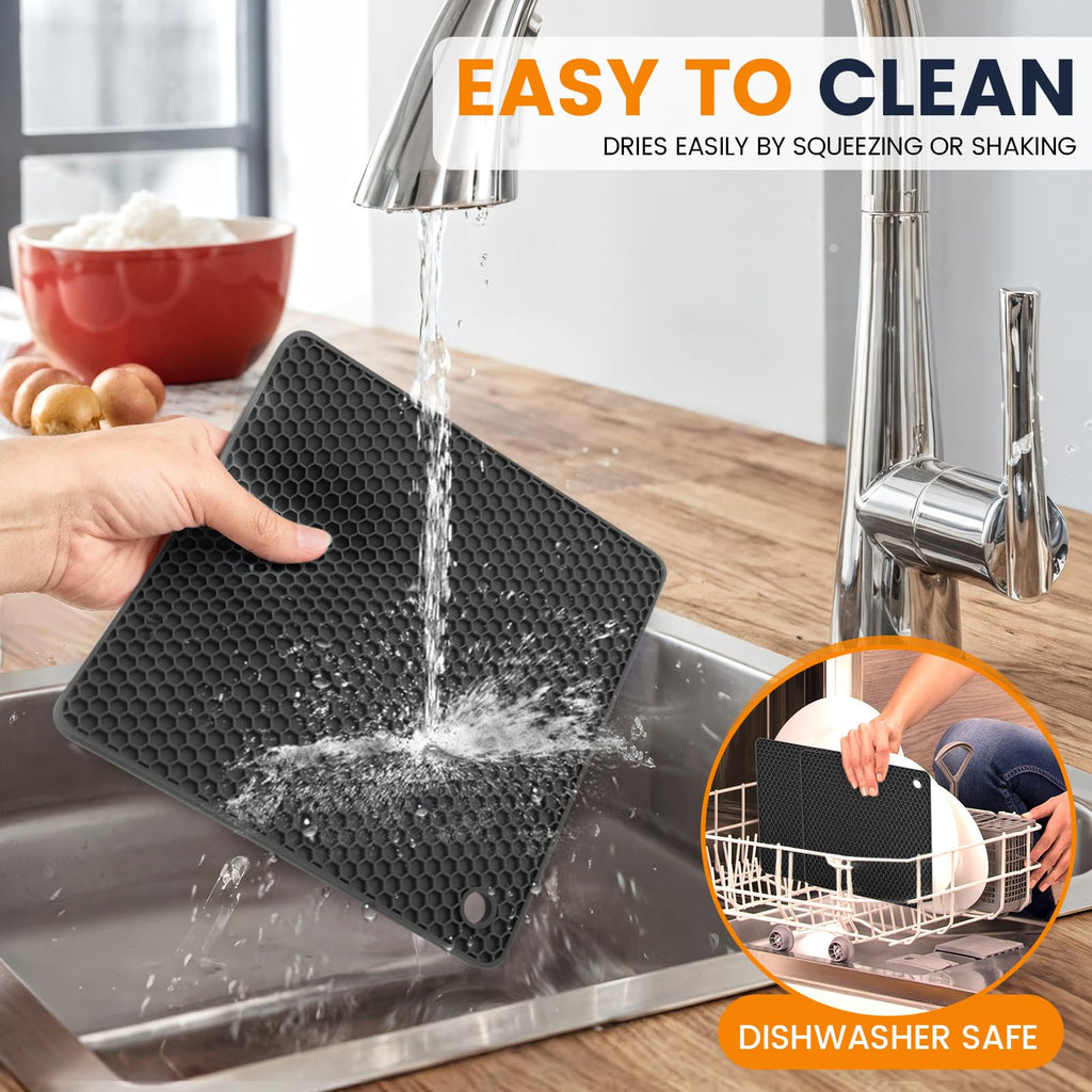 Silicone Trivet Mats 4 Heat Resistant Pot Holders Multipurpose Non-Slip Hot Pads for Kitchen Potholders, Drying mat, Jar Opener, Spoon Holder, Coaster(Dark Grey)