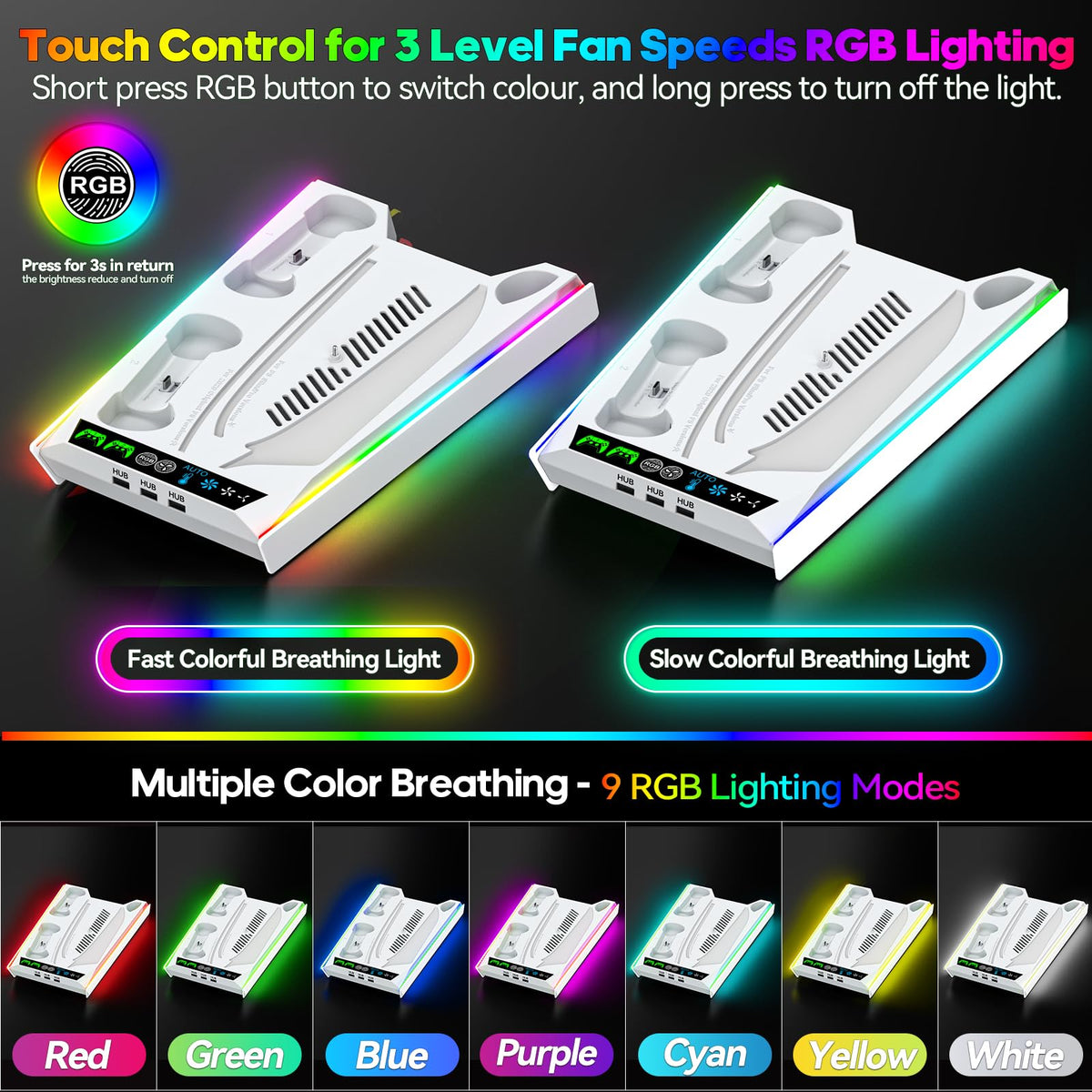 PS5/Slim/Pro Stand for Disc & Digital Console, PS5 Cooling & Charging Station with RGB Lights, PS5 Controller Charger Built-in 3 Level & AUTO Adjustable Fan, Accessories for PlayStation 4 Chargers