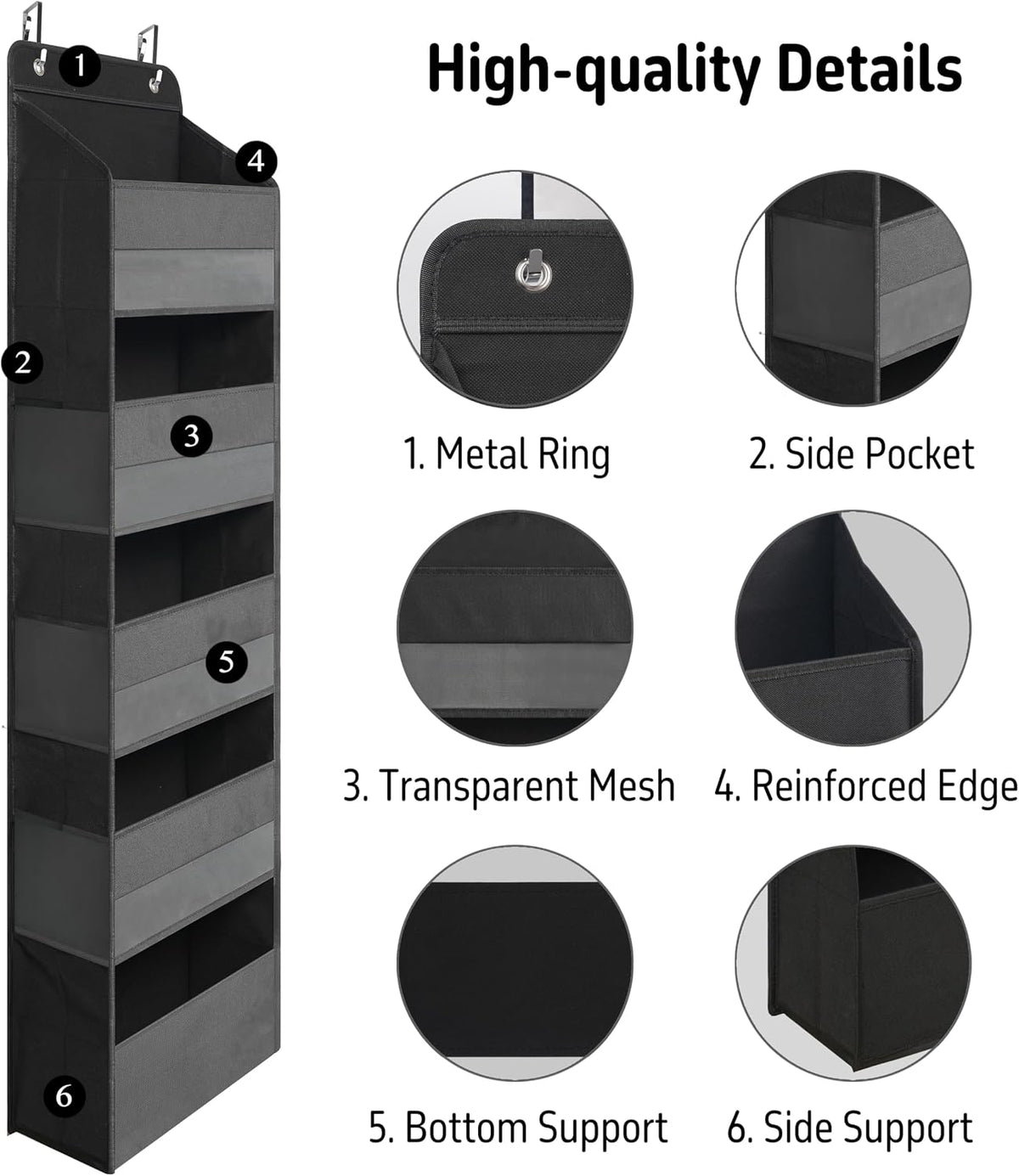 TYMENSH Over the Door Organizer for Bedroom Bathroom Pantry, 5 Shelf Black