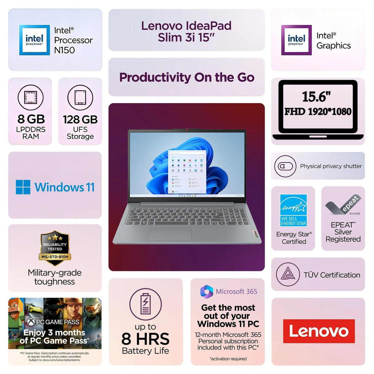 Lenovo Business 15.6" FHD Laptop, Intel Processor, 8GB DDR5, 128GB Storage